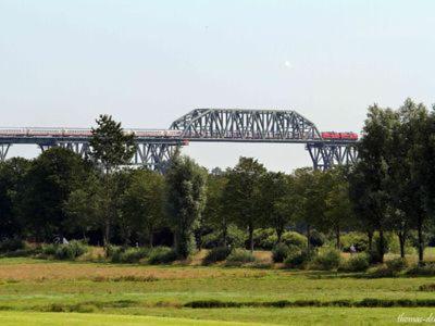 a train is crossing a bridge over a field at Ferienwohnung Bornhöft in Burg