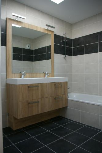 une salle de bain avec un lavabo, un miroir et une baignoire dans l'établissement Angel Services - Les Mouettes, à Annecy