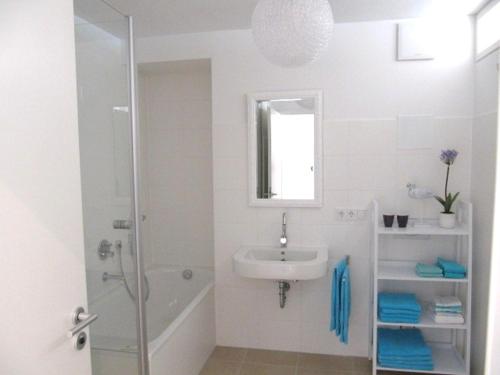 La salle de bains blanche est pourvue d'un lavabo et d'une douche. dans l'établissement Ferienwohnung Lac Konstanz, à Constance