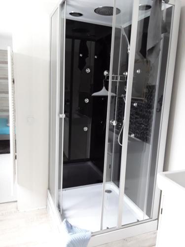 a glass cabinet with a glass door in a bathroom at Villa Jani b&b in Breitscheid