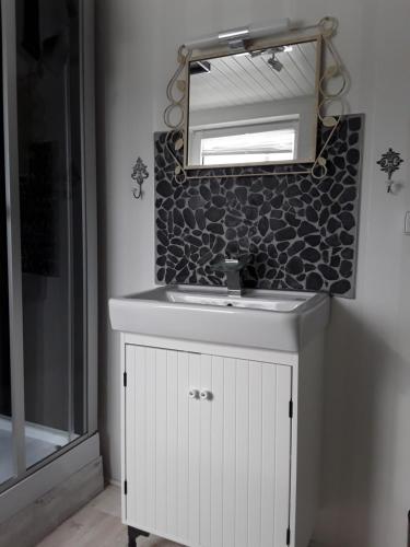 a bathroom with a white sink and a mirror at Villa Jani b&b in Breitscheid