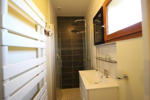 La salle de bains est pourvue d'un lavabo et d'une douche. dans l'établissement Chambre d'hôte Courtoux, à Saint-Denis-sur-Sarthon