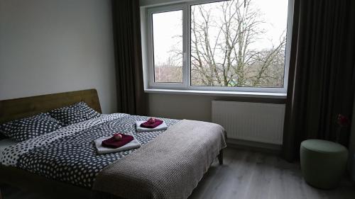 1 dormitorio con 1 cama con 2 toallas en Cozy apartment in Trakai, en Trakai