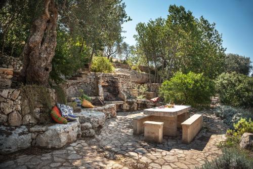 a stone patio with a picnic table and trees at "IL BOSCO" di POZZO VOLITO in Patù