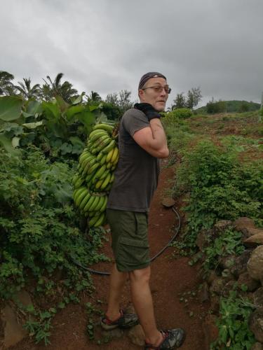 a man is holding a bunch of bananas at Rêve des Îles Guesthouse in Rodrigues Island
