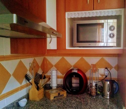a kitchen with a counter top with a microwave at Al-Andalus Thalassa Home Star in Vera