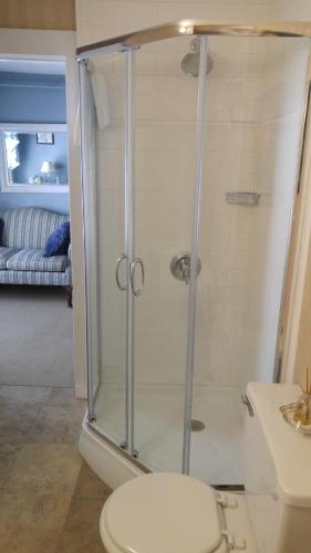 a bathroom with a shower with a toilet and a sink at Benjamin Prescott Inn in Jaffrey