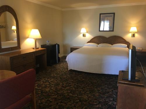 a hotel room with a bed and a mirror at Grand Inn財神客棧 in Monterey Park