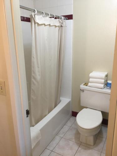 a bathroom with a toilet and a shower curtain at Grand Inn財神客棧 in Monterey Park