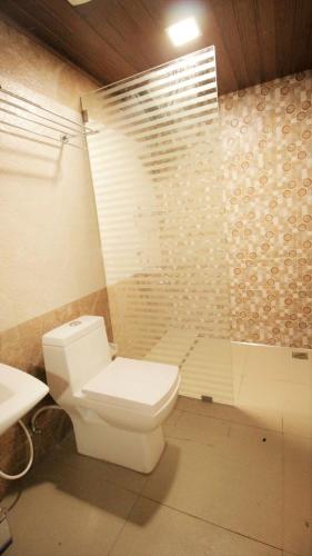 a bathroom with a white toilet and a shower at Kalappura Homestay in Alleppey