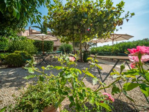 a garden with tables and umbrellas and roses at Auberge De Tourrettes in Tourrettes-sur-Loup