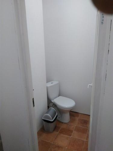 a bathroom with a toilet and a trash can at Toma pirts LIELĀ in Ikšķile