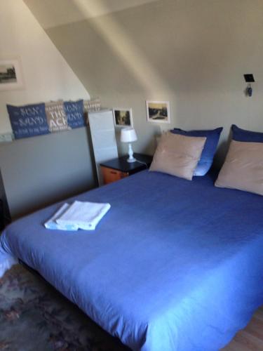 - une chambre avec un grand lit bleu et des oreillers dans l'établissement Villa Estee, au Coq