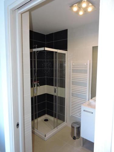 La salle de bains est pourvue d'une douche et de carrelage noir. dans l'établissement Plage Propriano 4 étoiles, à Propriano