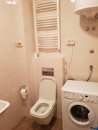 Un baño pequeño con inodoro y lavabo. en Apartments City Life, en Podgorica