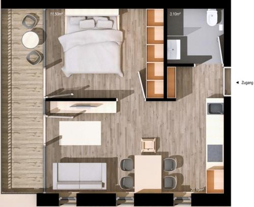 a floor plan of a bedroom with a bed at Ferienwohnungen Erholungswelt Lechrefugium in Steeg
