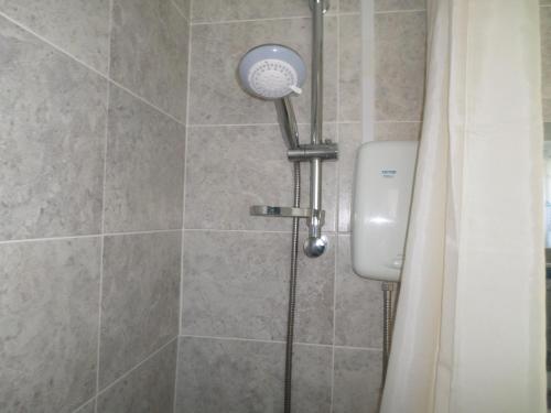 a shower with a shower head next to a shower curtain at Lighthouse Chalet in Lowestoft