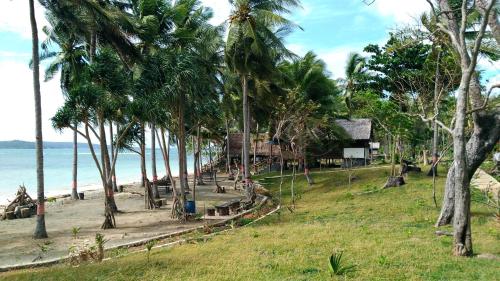 a beach with palm trees next to the ocean at Sunari Beach Resort 2 in Selayar