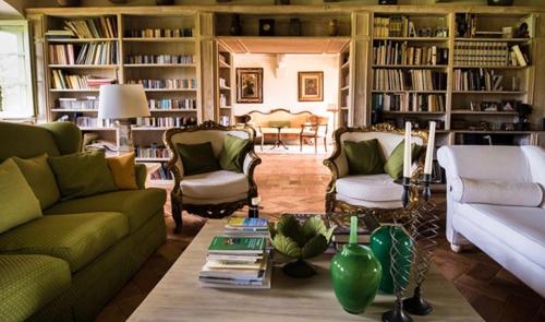 ContignanoにあるDimora Buonriposo Pienza Country Houseのリビングルーム(緑のソファ、本棚付)