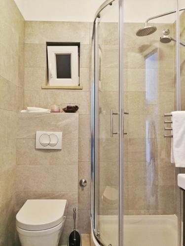 a bathroom with a shower and a toilet at Apartmani Marijana in Postira