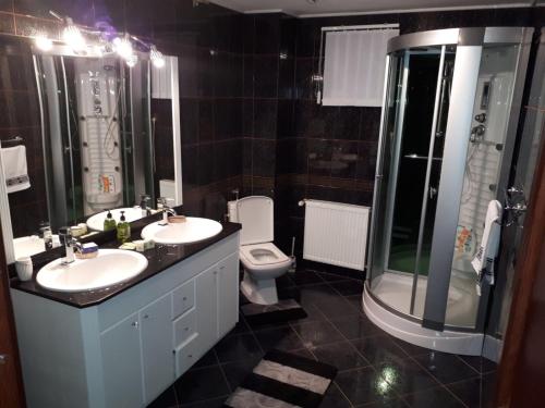 a bathroom with two sinks and a shower and a toilet at Casa de vacanța in Paraul Rece