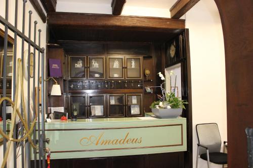 an entrance to a restaurant with a counter in a room at Hotel Amadeus in České Budějovice