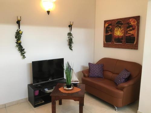 a living room with a couch and a tv at Villa Unique in Willemstad