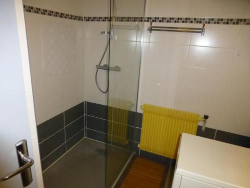 une salle de bain avec une douche avec une porte vitrée dans l'établissement Royal 513, à Brides-les-Bains
