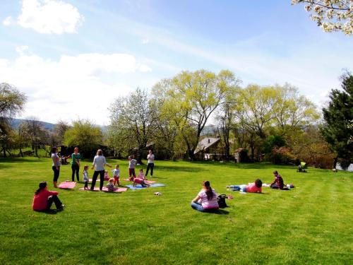 a group of people sitting on the grass in a field at Pension U Sebastiana in Hodousice