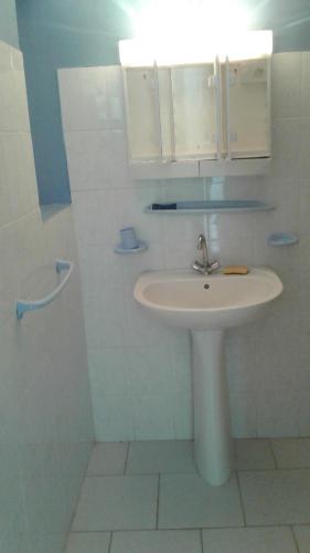 y baño blanco con lavabo y ducha. en Résidence La Marianne, en Sainte-Anne