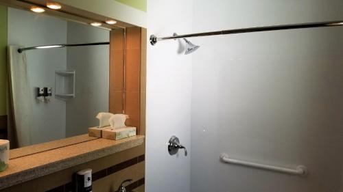 a bathroom with a mirror and a sink at Top Notch Inn in Gorham