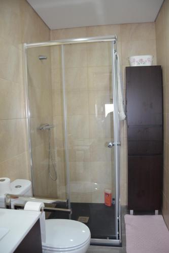 a bathroom with a shower with a toilet and a sink at Casa Freixedelo in Santa Comba de Rossas