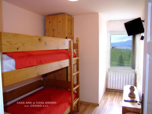 sypialnia z 2 łóżkami piętrowymi i oknem w obiekcie Casa Andrei Vatra Dornei w mieście Dealu Floreni