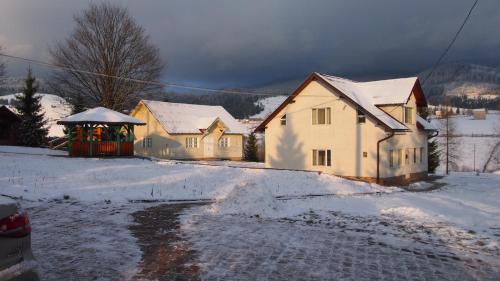 a house with a gazebo in the snow at Casa Ana Vatra Dornei in Dealu Floreni