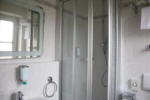 ein Bad mit einer Dusche, einem Waschbecken und einem Spiegel in der Unterkunft Boutique Hotel Beckenlehner in Unterhaching