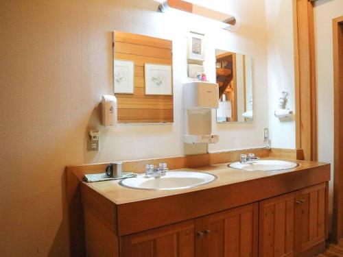 a bathroom with two sinks and a large mirror at Canadian Loghouse Inn AzuminoYujin in Azumino