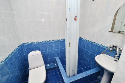 ヴィチャゼヴォにあるGuest House Aleshaの青いタイル張りのバスルーム(トイレ、シンク付)