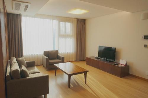 a living room with a couch and a tv at Vabien Suite 1 Serviced Residence in Seoul