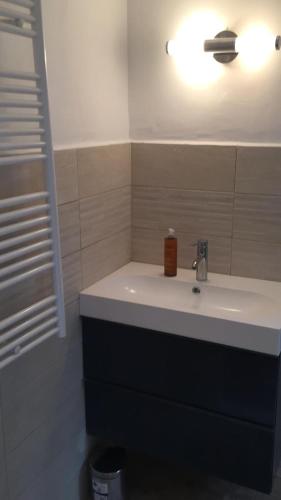 - un lavabo dans la salle de bains avec une bouteille de savon dans l'établissement Villa Vallee Heureuse, à Sorède