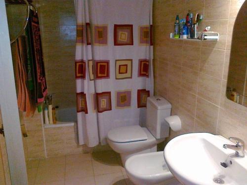 y baño con aseo, lavabo y ducha. en EVA & TRAVEL - Marcel Riumar Apartamento, en Riumar
