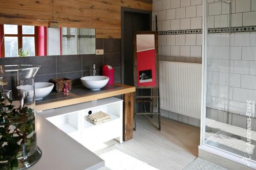 uma casa de banho com 2 lavatórios e um espelho em Les Chanterelles em Jalhay