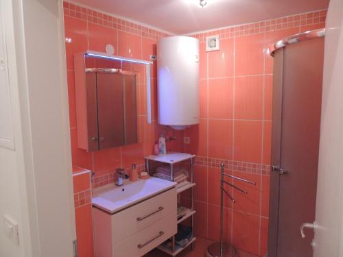 a bathroom with a sink and a mirror at Apartma Bovec in Bovec