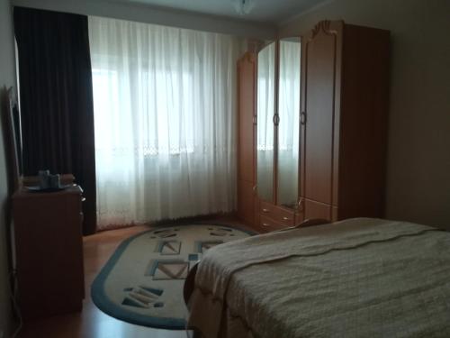ピテシュティにあるApartament Pitestiのベッドルーム1室(ベッド1台、大きな窓付)
