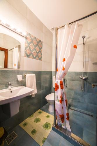 a bathroom with a shower and a sink and a toilet at Pensiunea Palaghia in Jurilovca