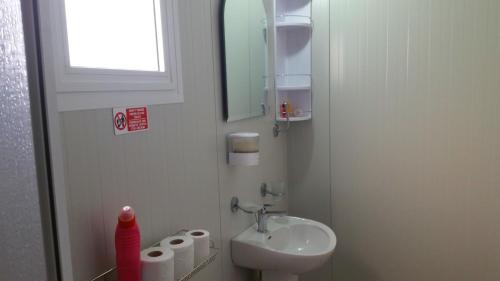 a small bathroom with a sink and a mirror at Astrofegia Apartments Near The Sea in Ayia Marina