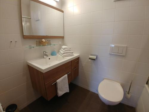 ein Badezimmer mit einem Waschbecken, einem WC und einem Spiegel in der Unterkunft Lei's WOK in Neusiedl am See