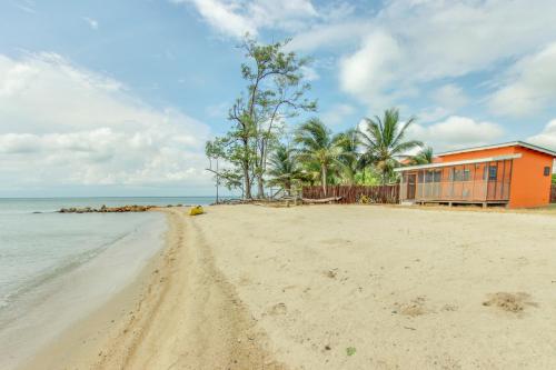 a sandy beach with a house and palm trees at Oceanus Cabanas in Dangriga