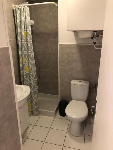 une petite salle de bain avec toilettes et douche dans l'établissement Le Studio Ombragé, à Sète