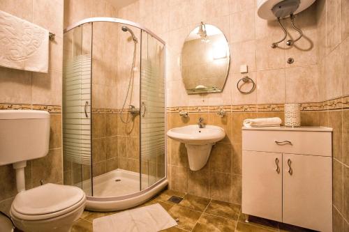 een badkamer met douche, toilet en wastafel bij Apartment Sun Village Goran in Herceg-Novi
