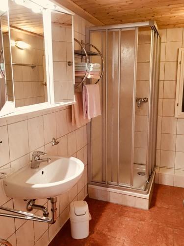 a bathroom with a sink and a shower at Ferienwohnung Am Grünbach in Kurort Rathen